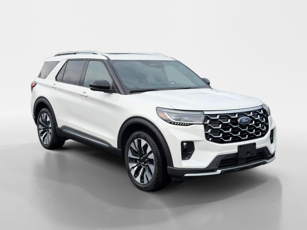 2026 Ford Explorer Platinum in Star White Metallic Tri-Coat — front three-quarter view