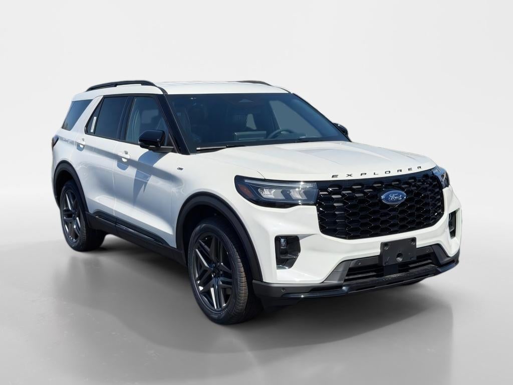 2026 Ford Explorer ST-Line in Star White Metallic Tri-Coat — front three-quarter view